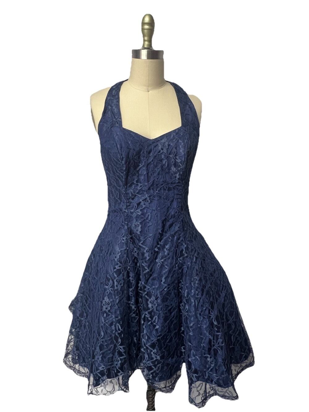 Vintage 90s Navy Blue Lace Tulle Halter Dress Goth Grunge Prom Party Sz S